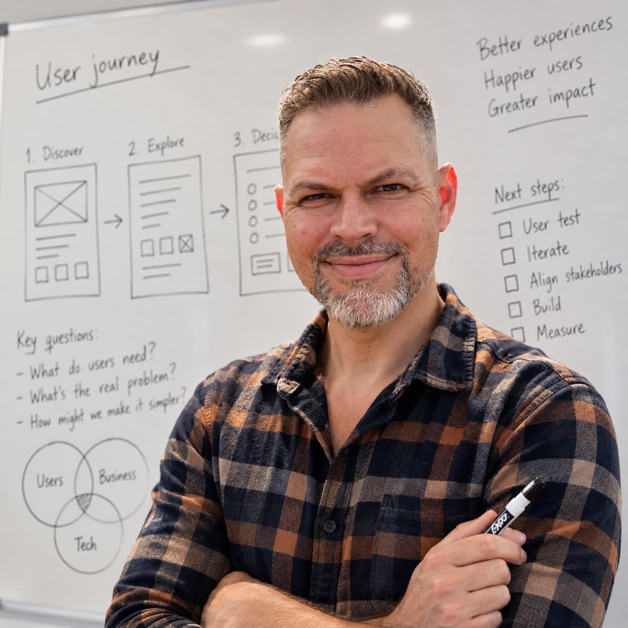 Thomas Norsted in front of a whiteboard with user journey sketches